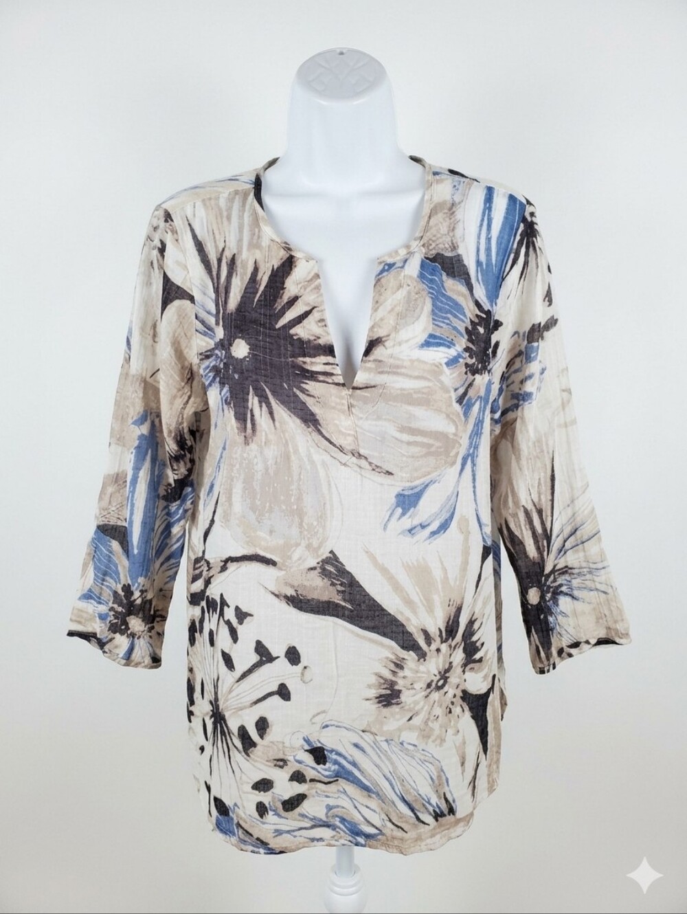 Simply Couture Blue and Beige Floral Split V-Neck Tunic Sz. L